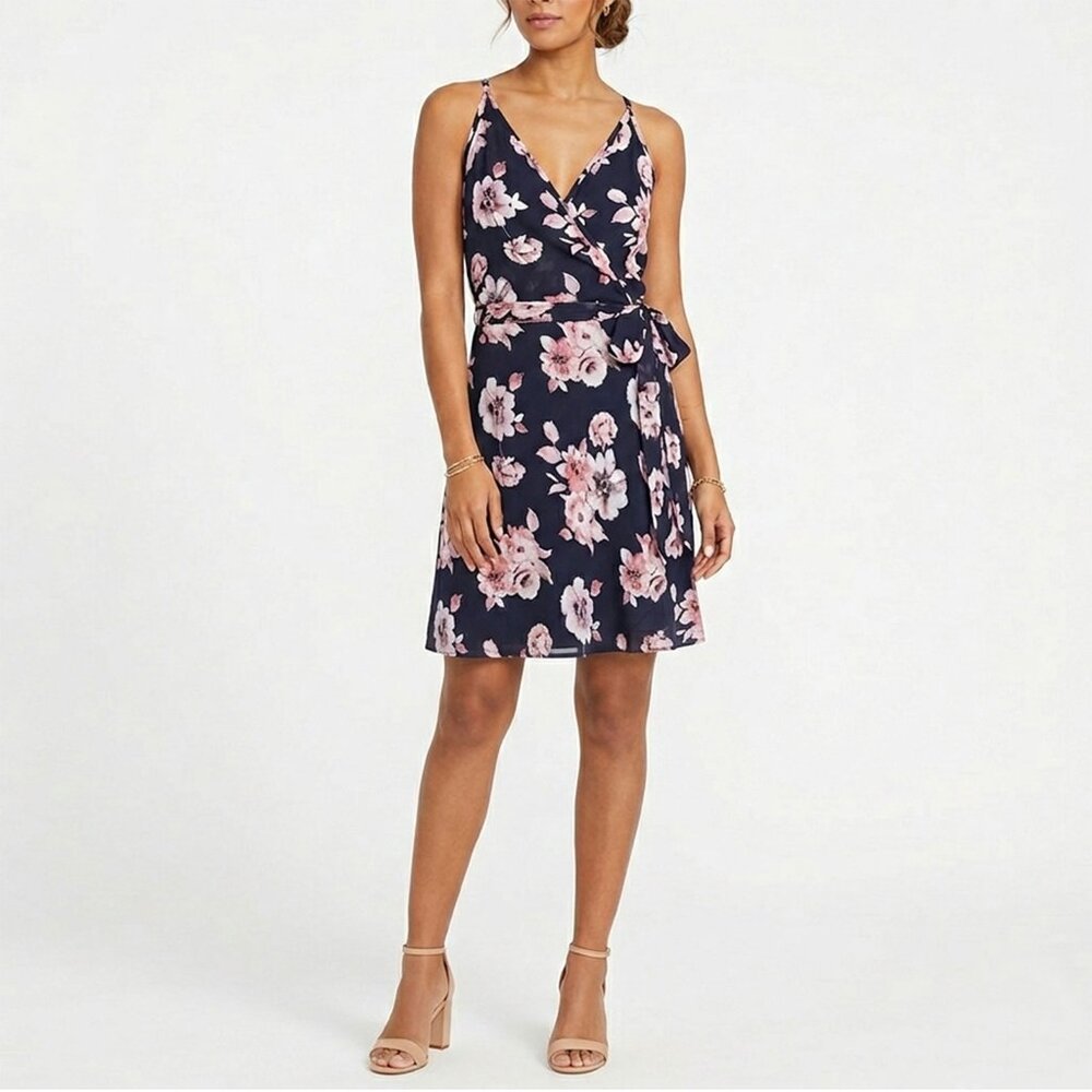 Band of Gypsies Navy Pink Floral Wrap Dress Short Cottagecore Boho Sz L